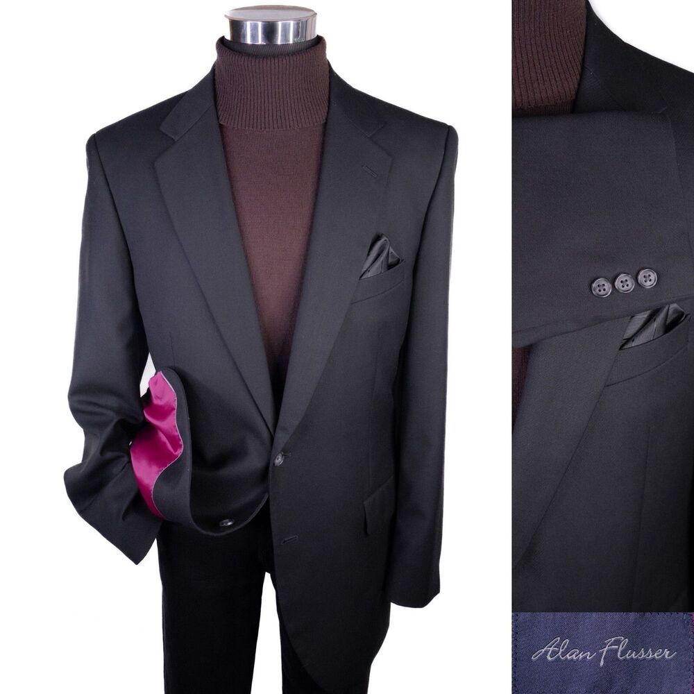 Alan Flusser Sport Coat Jacket Blazer Sz 44L Solid Black 2-Button Poly Blend EUC
